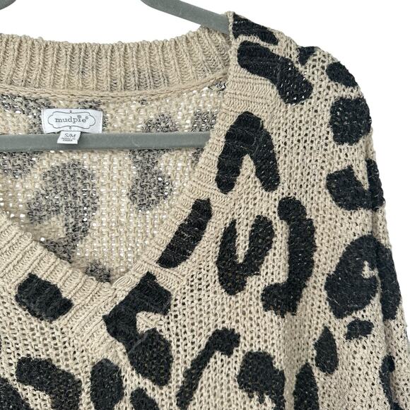 Mud Pie Leopard Print V-Neck Loose Fit Knit Sweater S/M - Picture 3 of 8